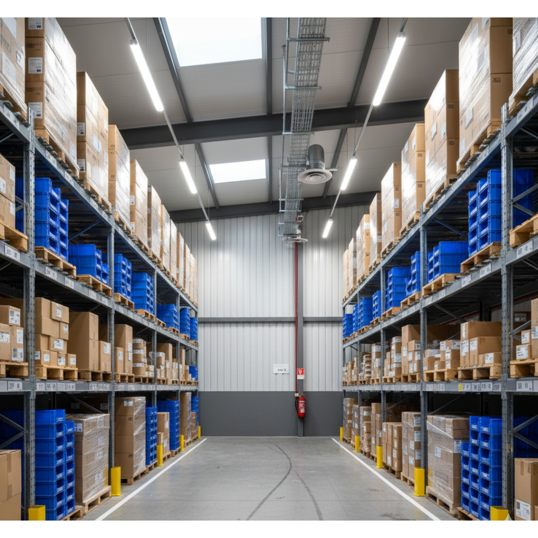 Warehouse storage aisle with product cartons