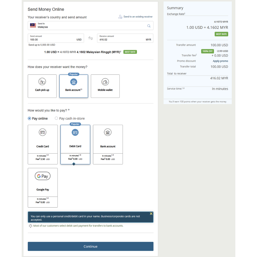 Send Money Online — choose Malaysia and MYR