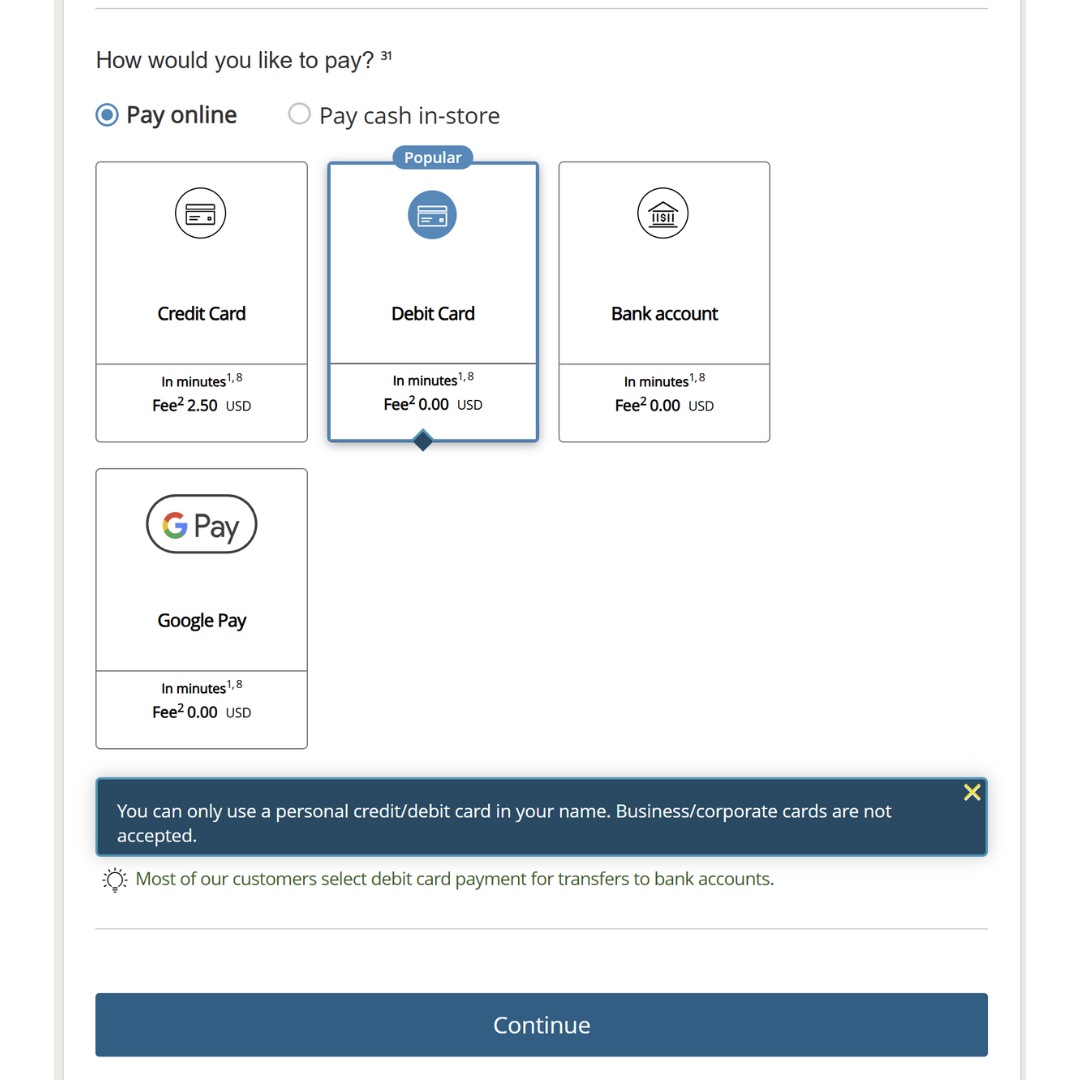 Choose debit card, bank account or Google Pay