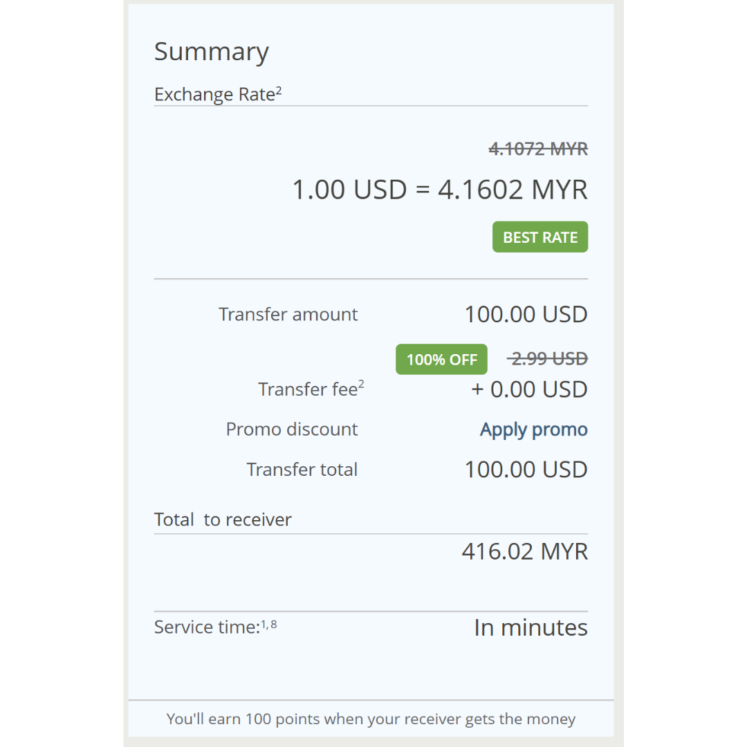Summary showing exchange rate and total to receiver