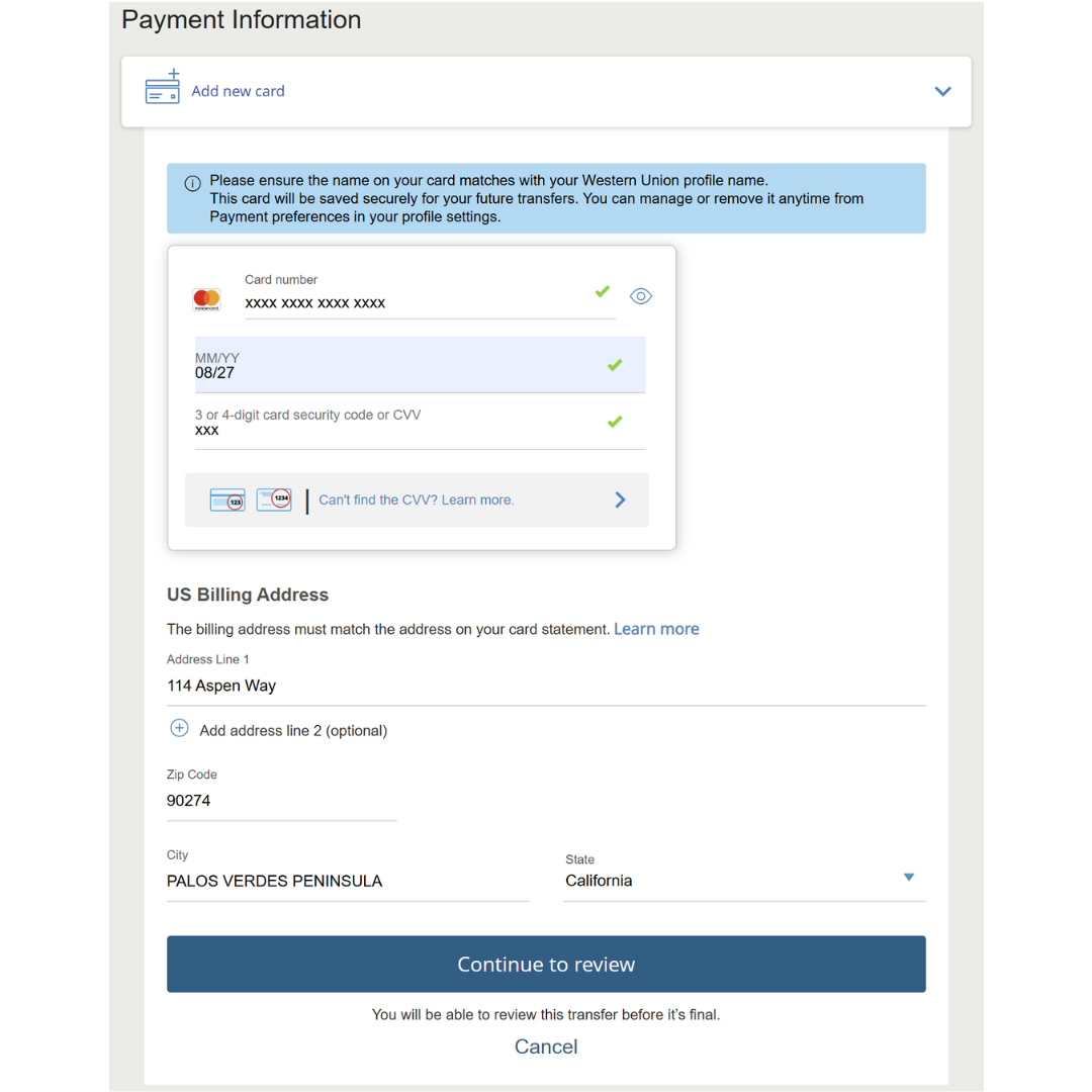 Payment information and US billing address form
