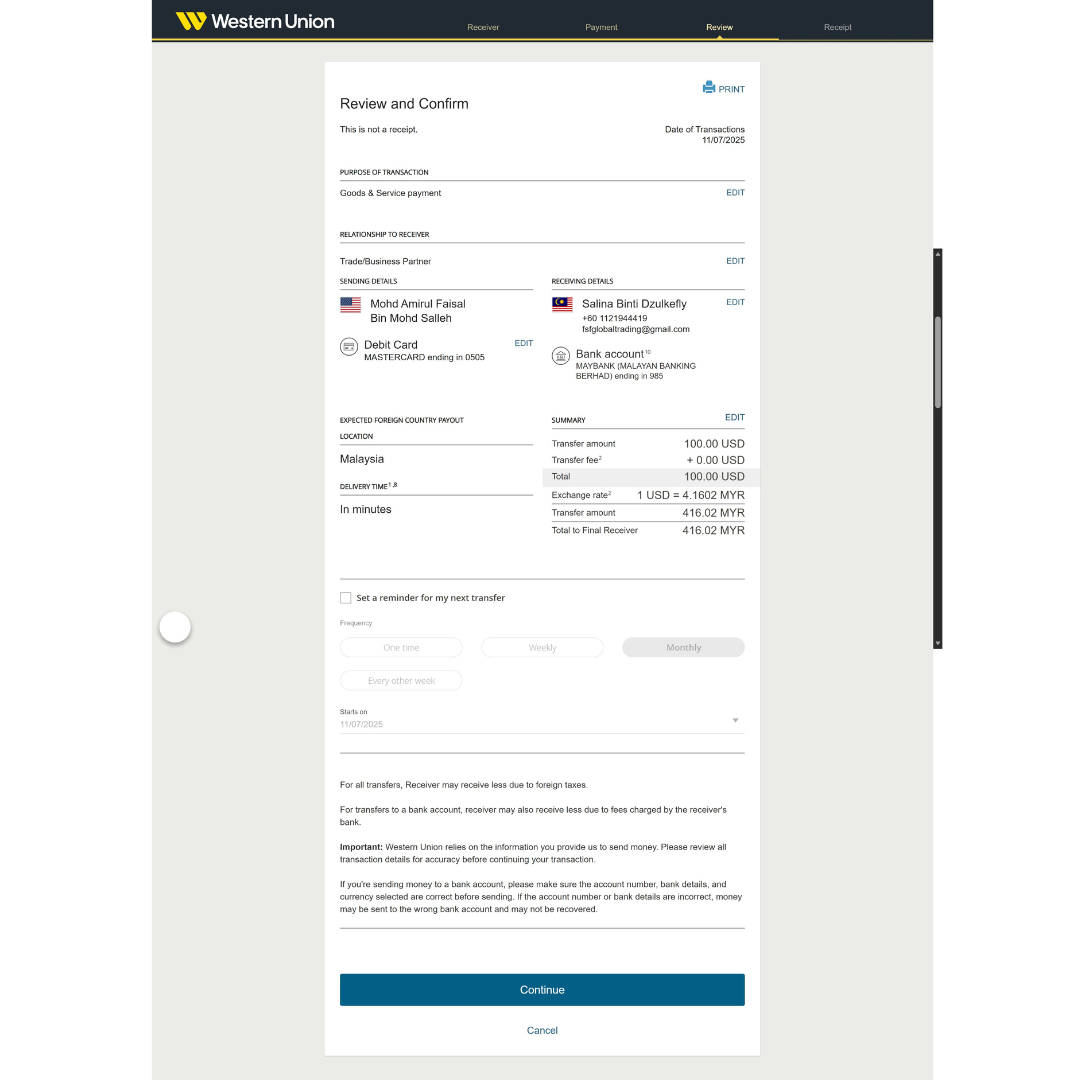 Review and confirm page before sending