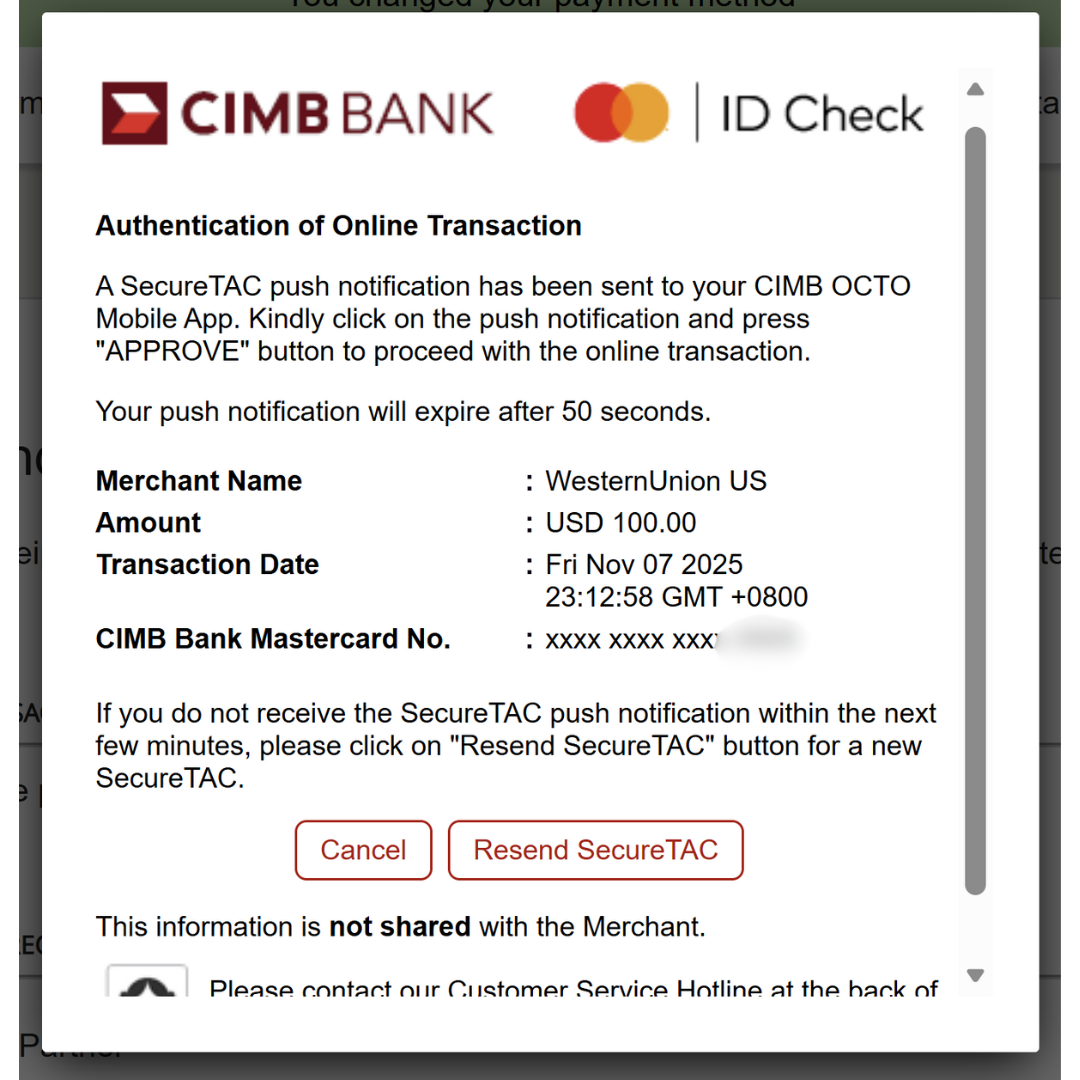 Bank 3-D Secure verification popup