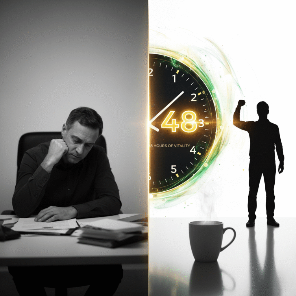 Visualizing the shift from workday fatigue to 48-hour sustained energy and confidence, empowered by DR’s Secret Bio Herbs Coffee for lasting vitality.