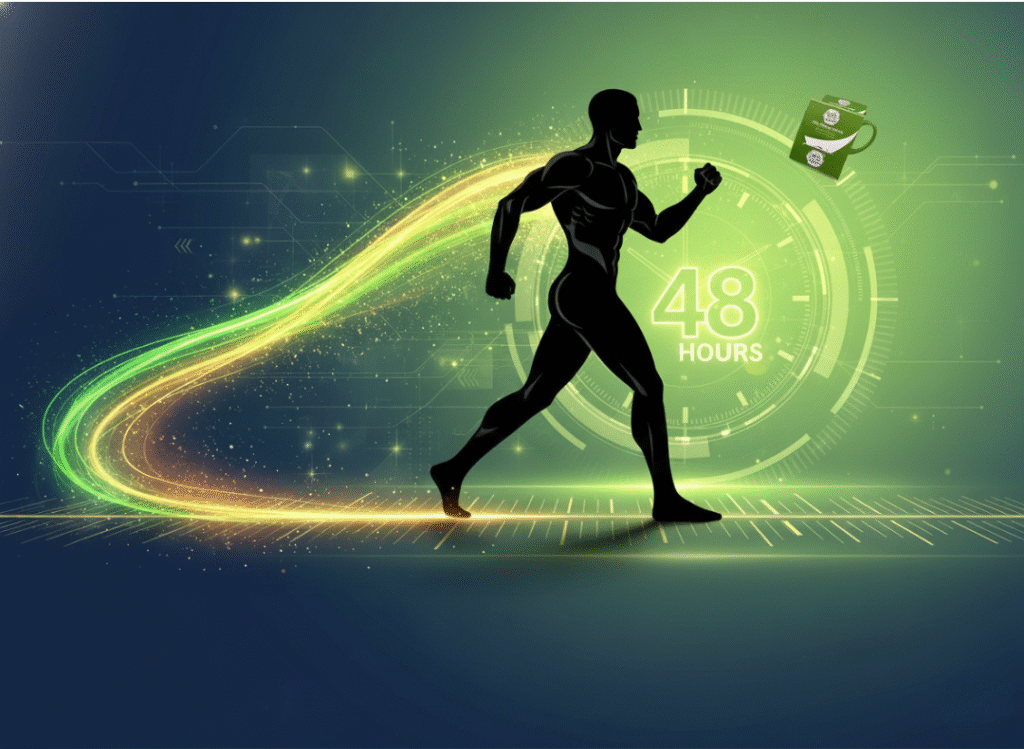 Visual representation of a man experiencing 48-hour sustained energy and confidence from DR's Secret Bio Herbs Coffee, supporting long-lasting vitality.