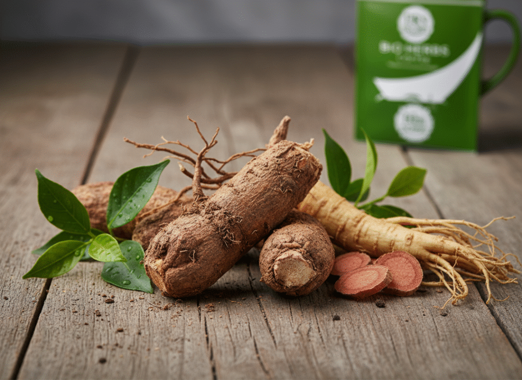 Raw Tongkat Ali, Ginseng, and Dong Quai roots and leaves, highlighting the natural, powerful herbal ingredients in DR's Secret Bio Herbs Coffee.