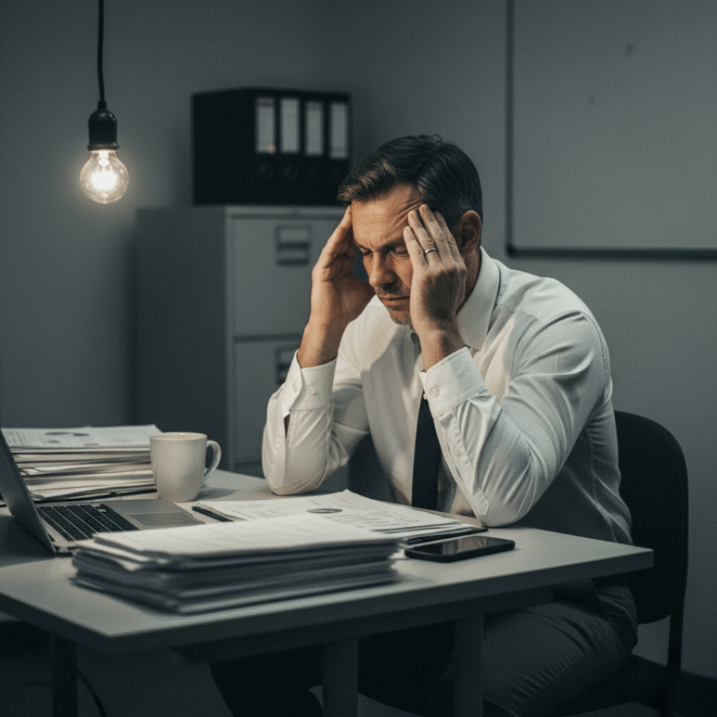 Visual contrast of a man fatigued by work versus the renewed vitality and improved circulation necessary to overcome erectile dysfunction